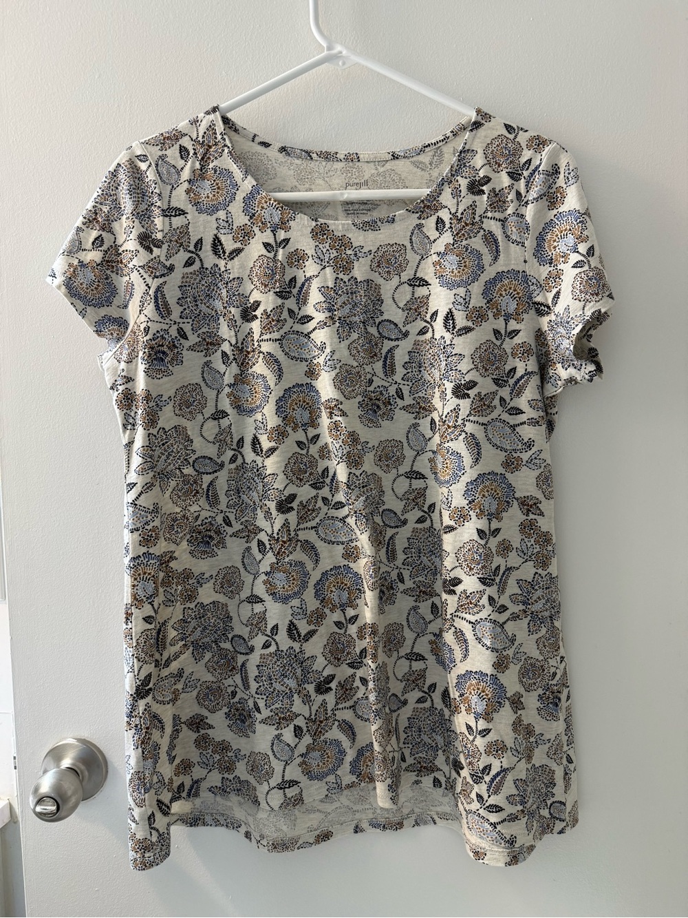 J. Jill Cream Scoop Neck Tee with Blue & Brown Floral Print